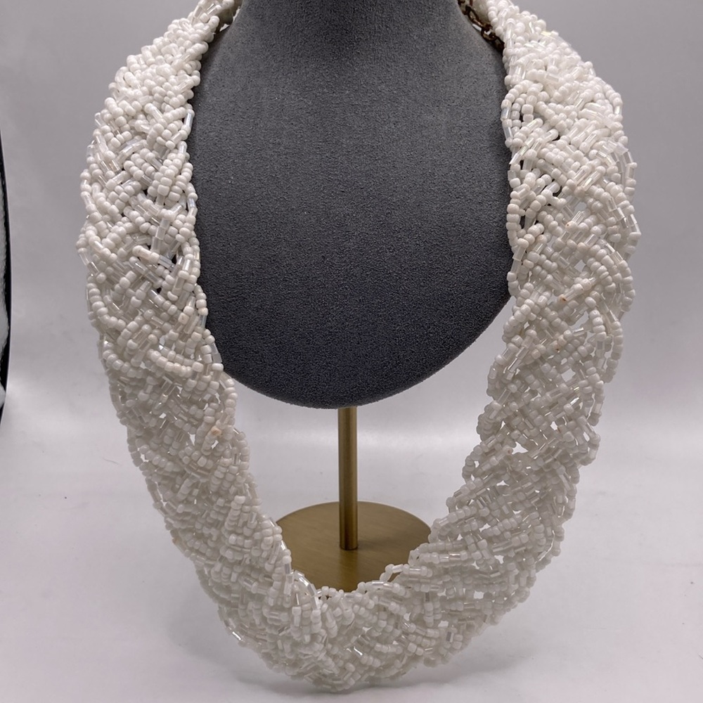 Braided White Glass Beaded Necklace Vintage Seed Beads